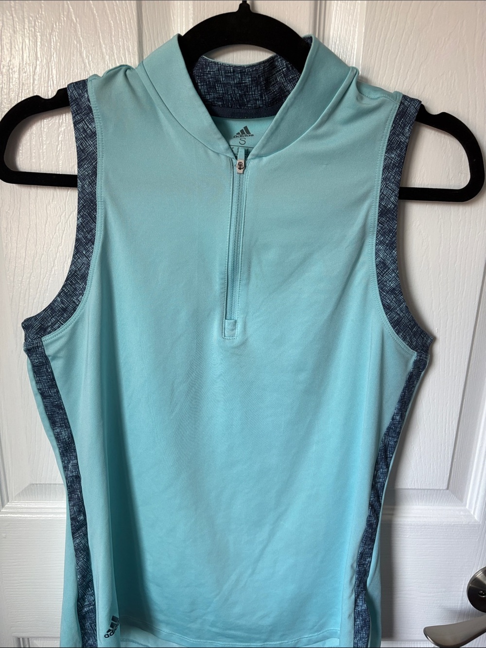 adidas Light Aqua Sleeveless Zip Golf Polo with Navy Trim